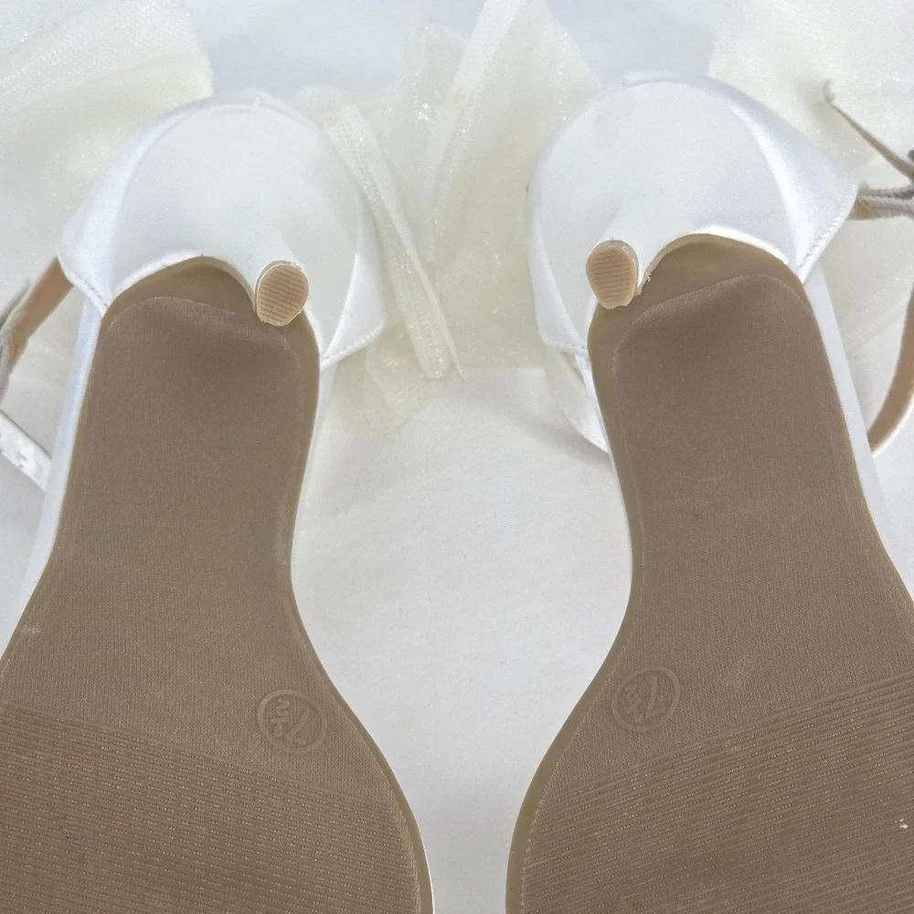 Lulu's Ayanna Satin Bow Ankle Strap Heels Womens 7.5 White Sandals Wedding Shoes